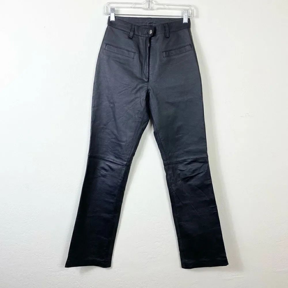 Vintage Europa Black Genuine Leather Straight Leg Biker Moto Pants Size 4